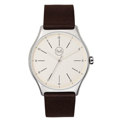 01 - slim made one 03 - thin wrist watch in silver with dark brown leather band - front 01 - slim made one 03 - thin wrist watch in silver with dark brown leather band - front